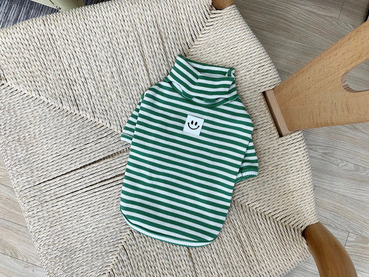 Willy Stripe Dog Turtleneck Shirt in green and white stripes with a smiley face patch