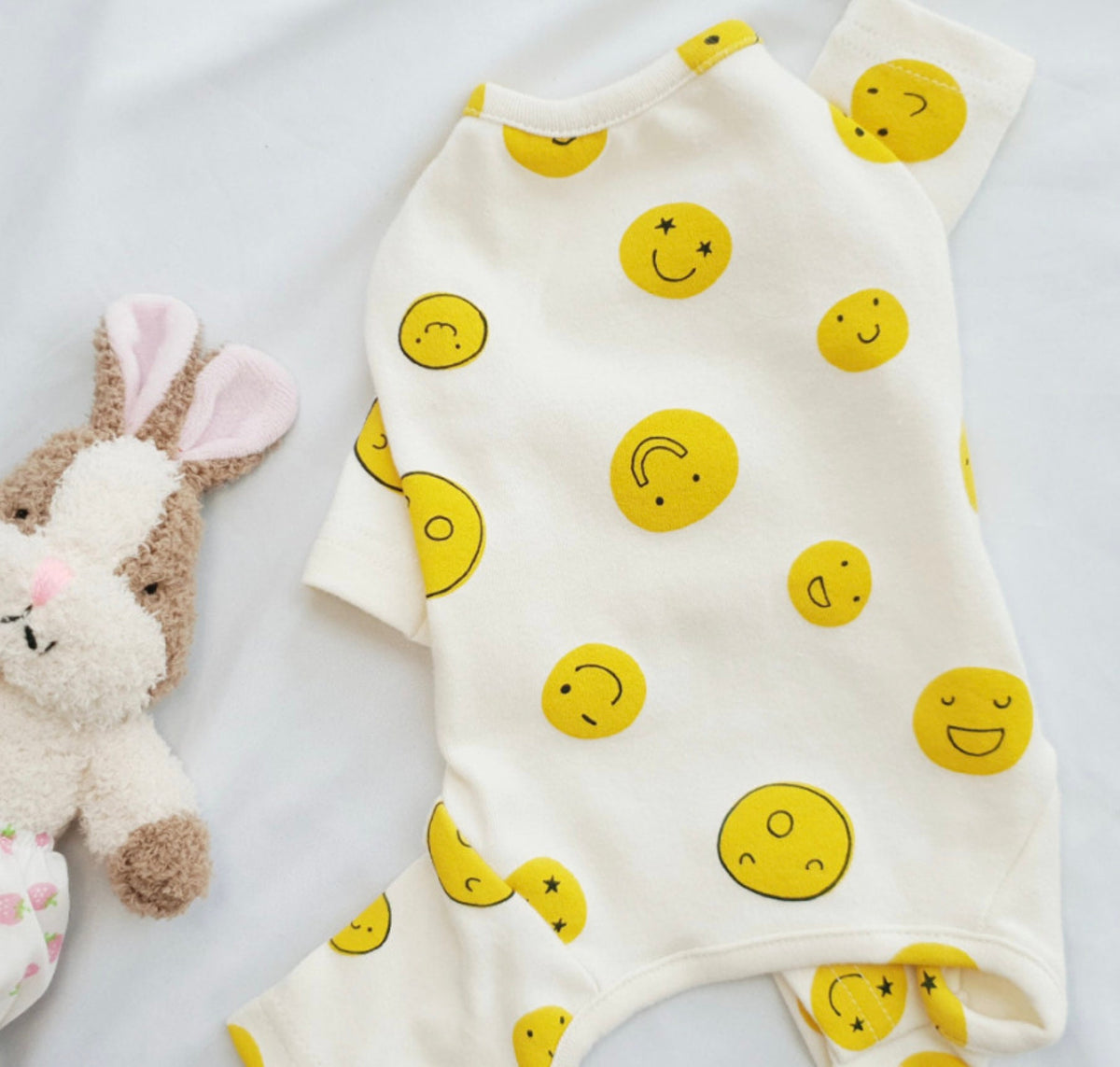Smile Face Dog Overall in white with yellow smiley face pattern by NKpup