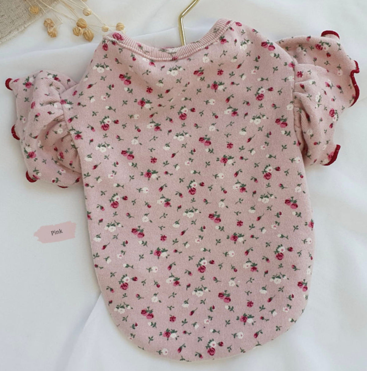 NKpup pink frilled floral dog shirt with small red and white flower pattern