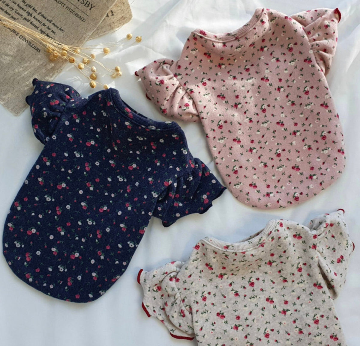 NKpup frilled floral dog shirts in navy, pink, and beige patterns