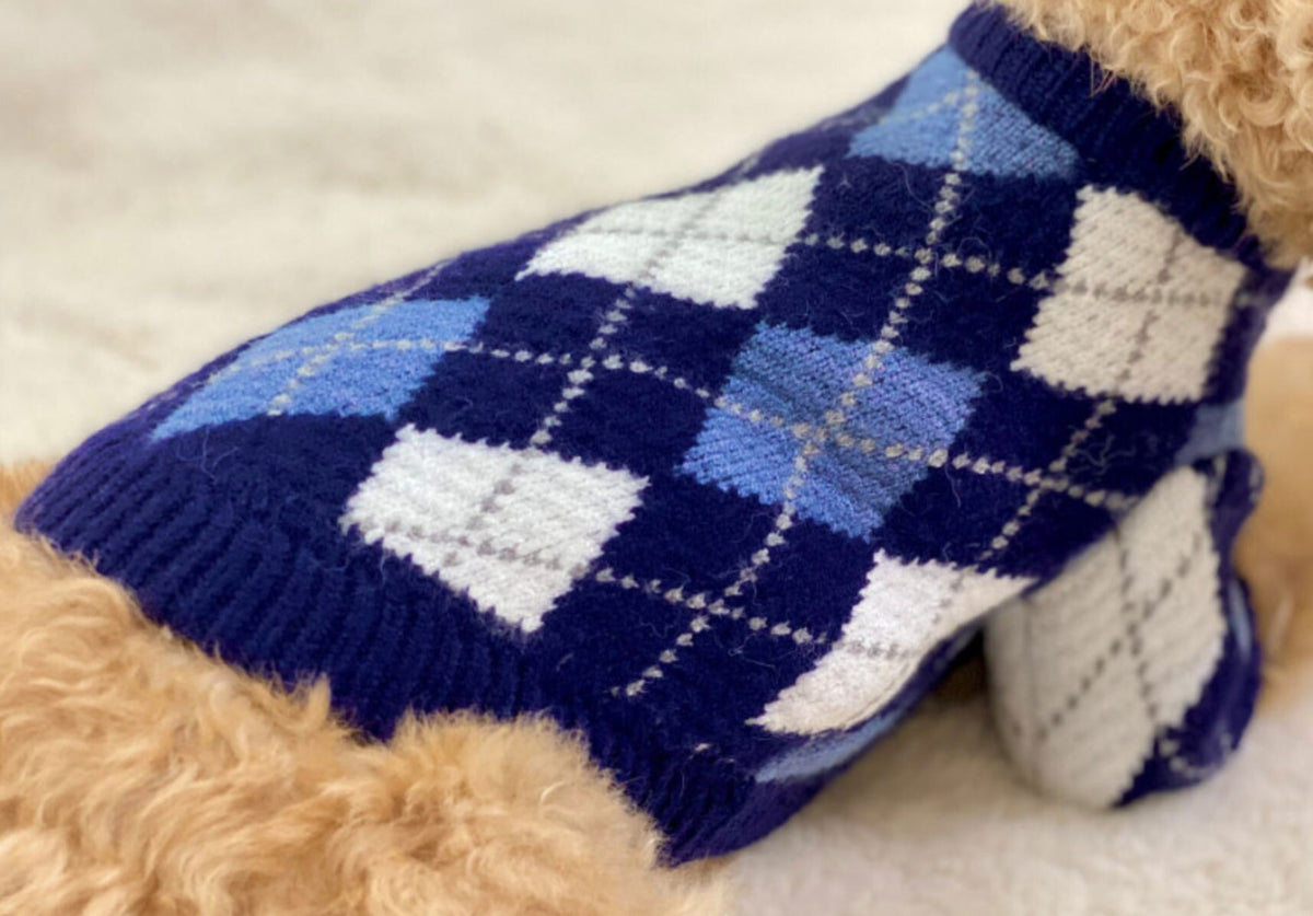 NKpup Argyle Knit Dog Sweater in blue, white, and grey pattern