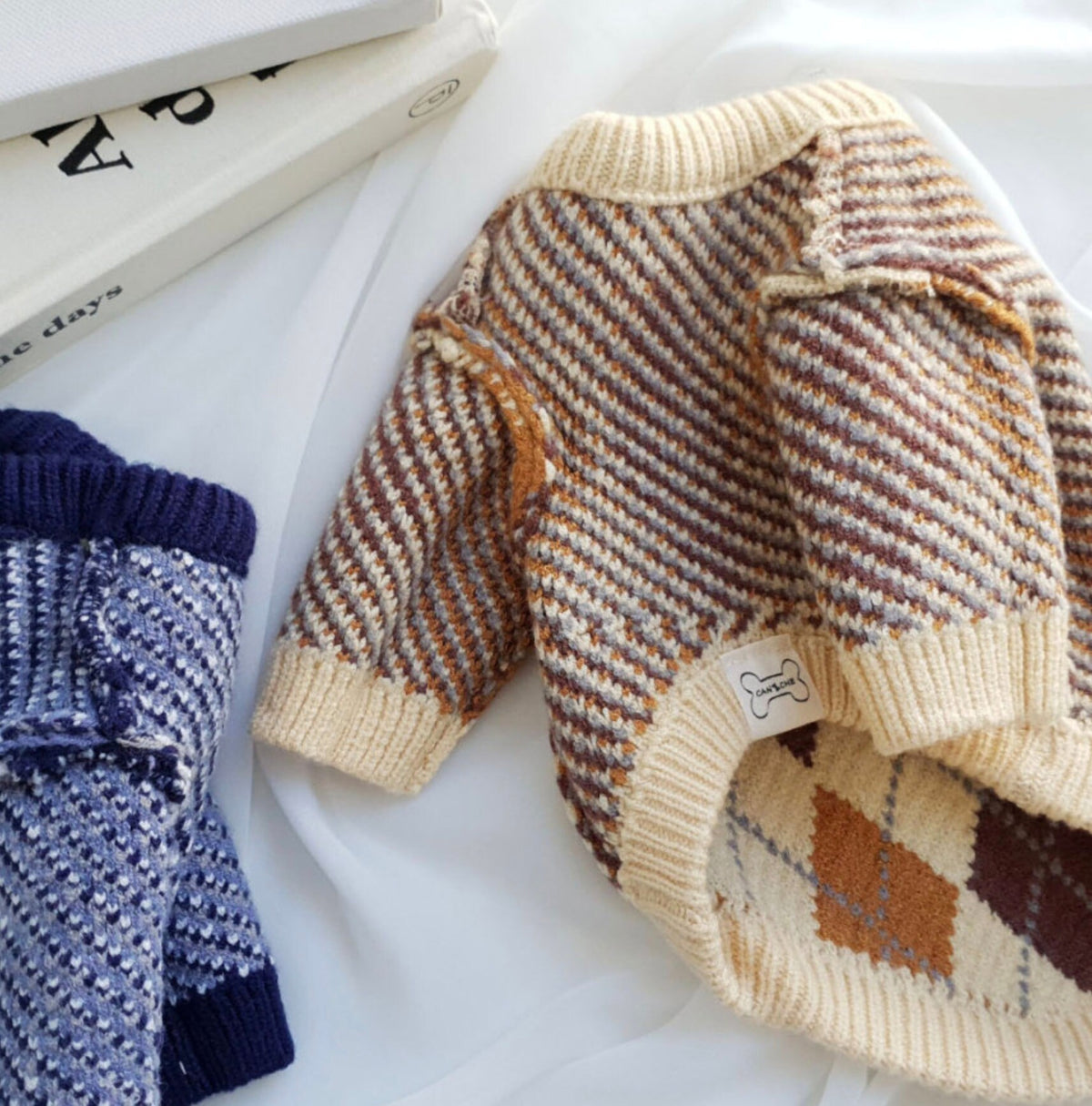 NKpup Argyle knit dog sweater in brown and beige tones.