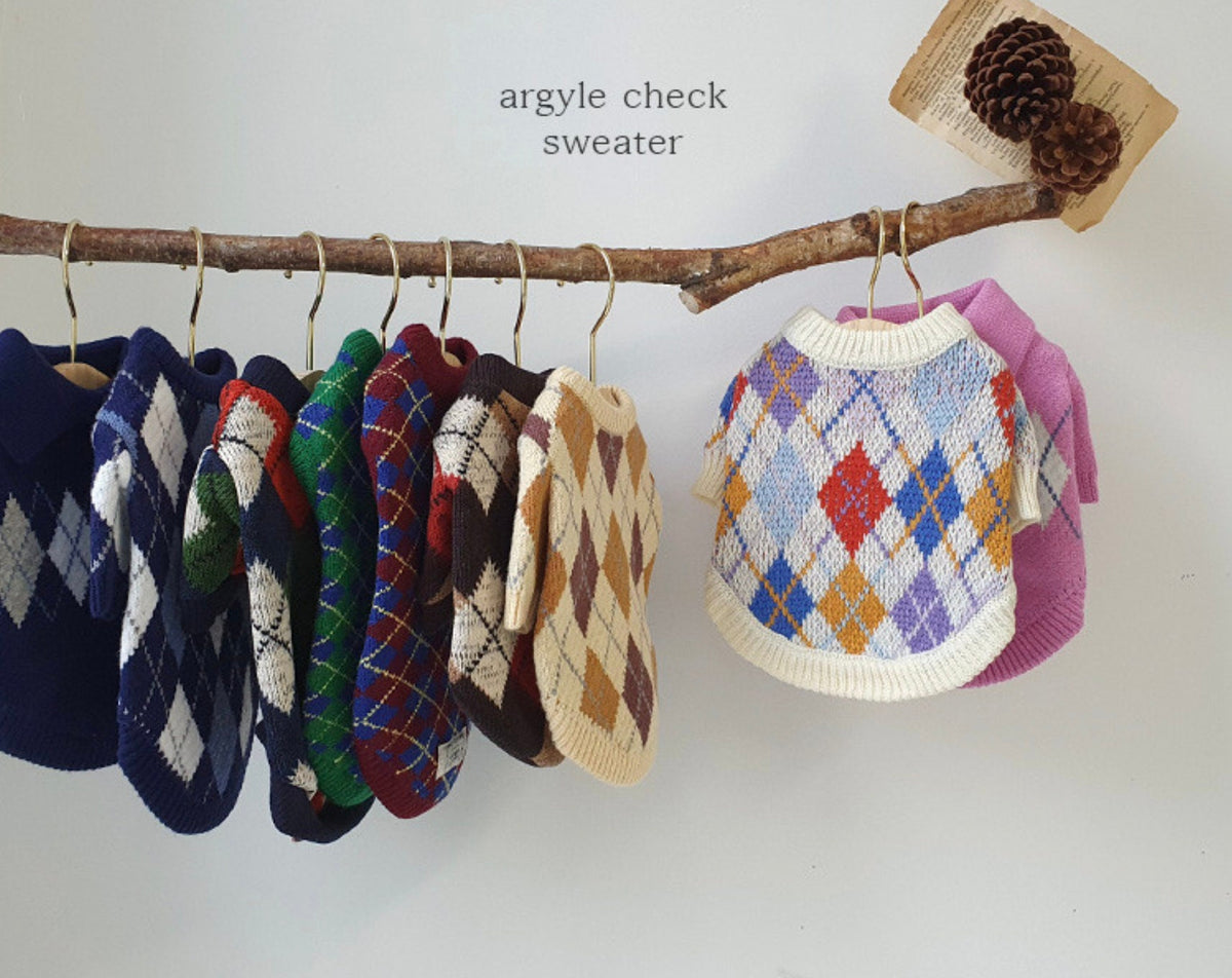 S-3XL, Checked Argyle Knit Dog Sweater