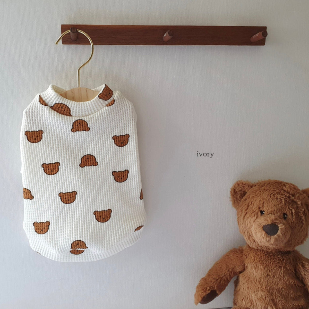 Ivory NKpup bear waffle dog shirt with brown bear head pattern