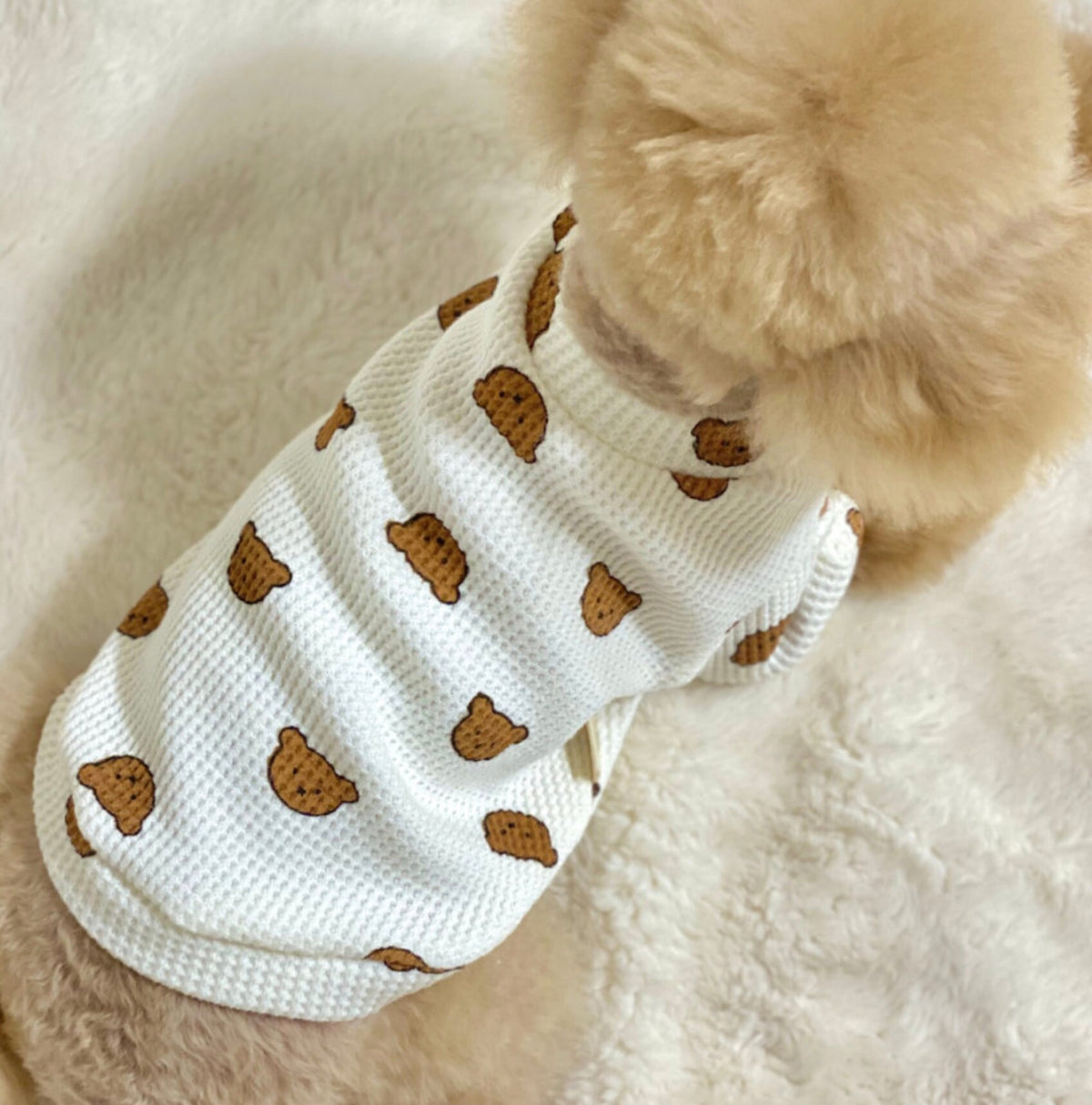 NKpup white waffle dog shirt with brown bear pattern