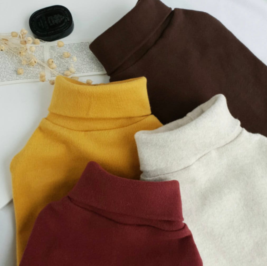 NKpup basic dog turtleneck shirts in brown, mustard yellow, cream, and burgundy
