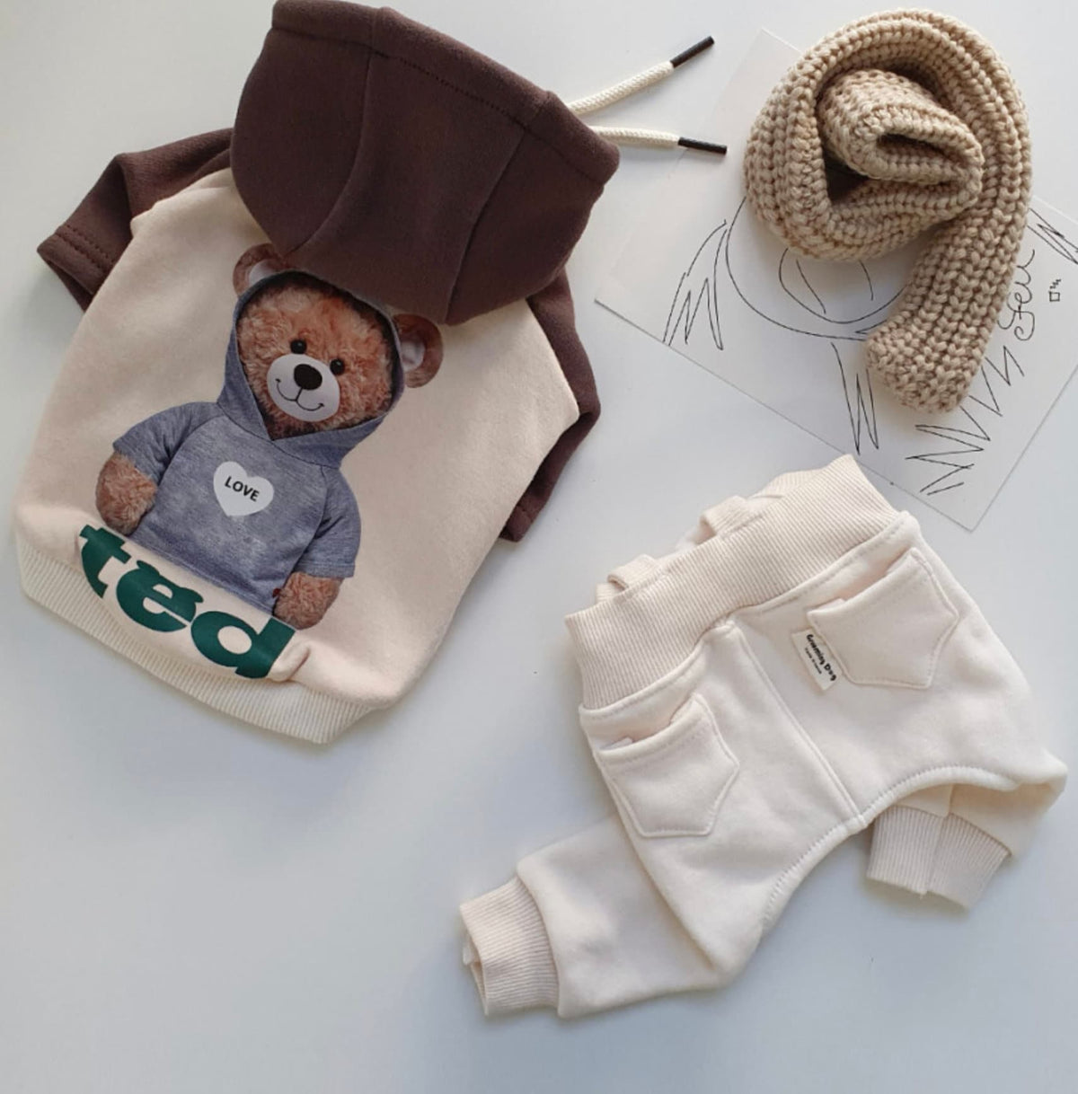 NKpup fleece dog hoodie and pants set in beige and brown with Ted bear graphic