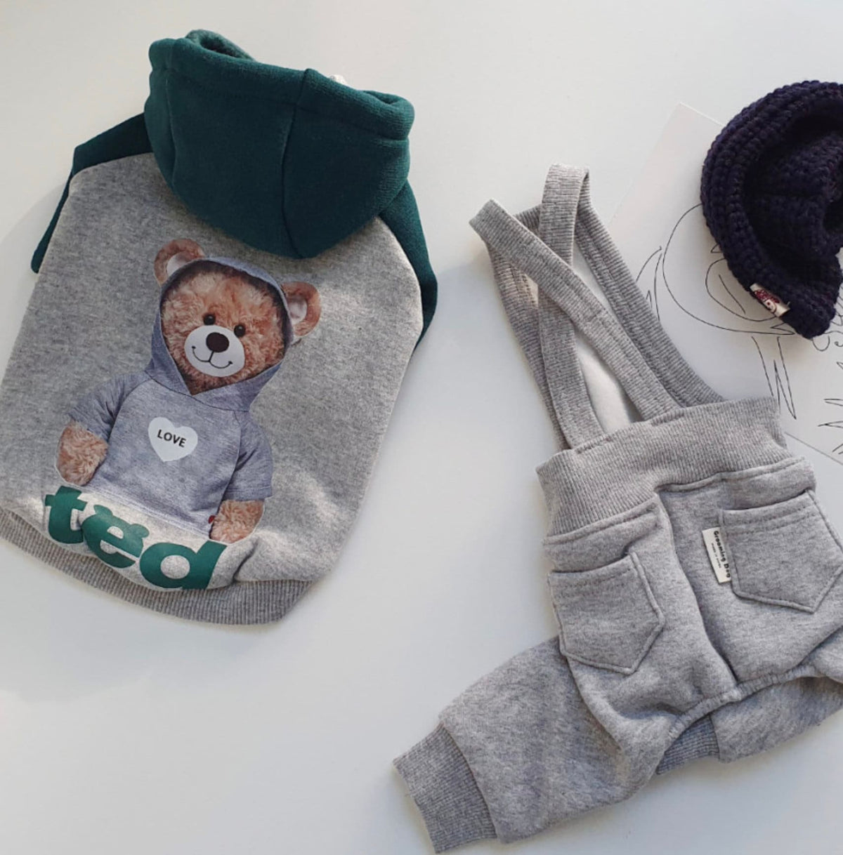 NKpup grey fleece dog suspender overalls and matching teddy bear print hoodie