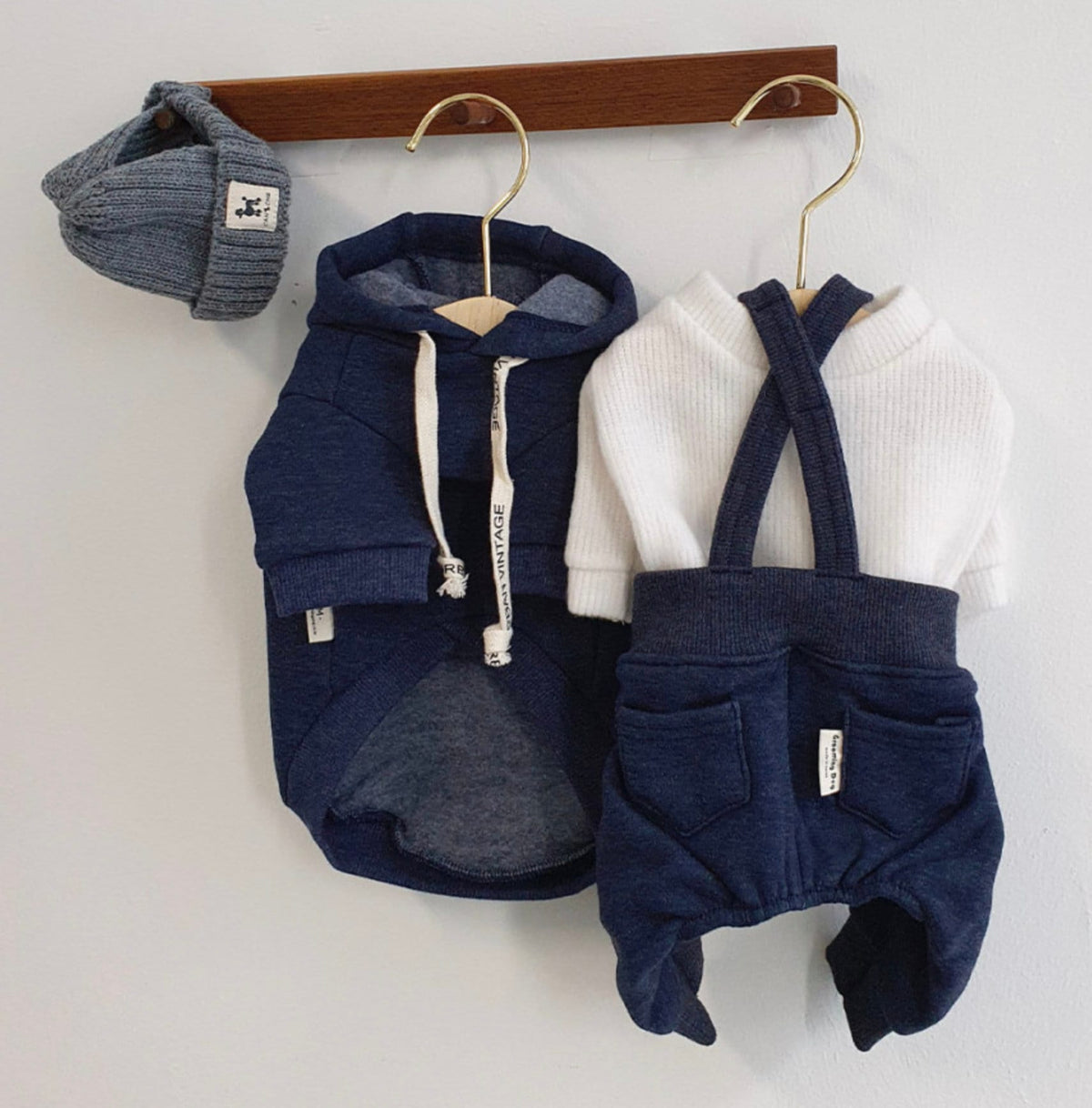 NKpup navy blue fleece dog suspender overalls with white shirt and matching beanie