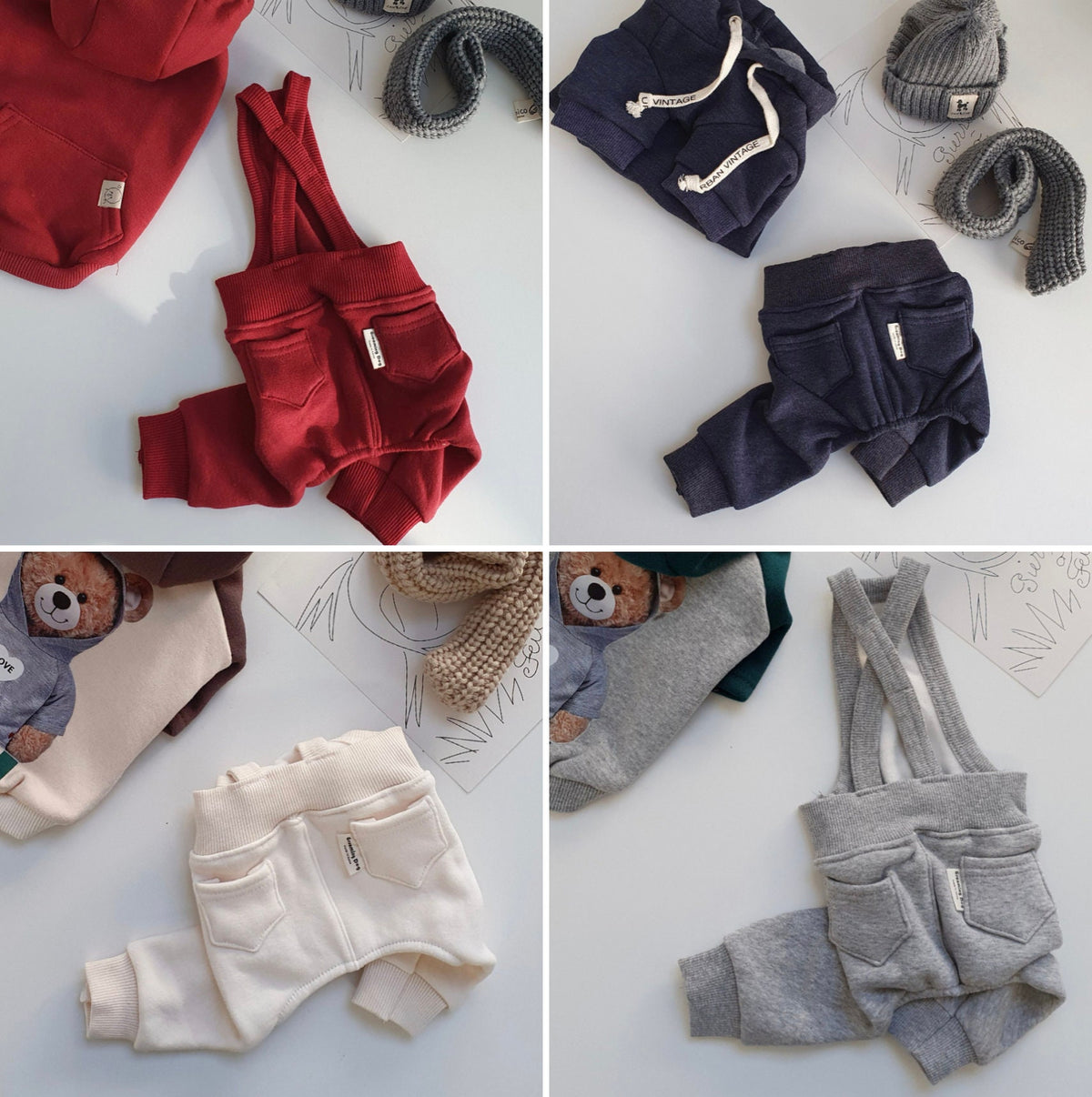 NKpup fleece dog suspender overalls in red, navy, cream, and grey.