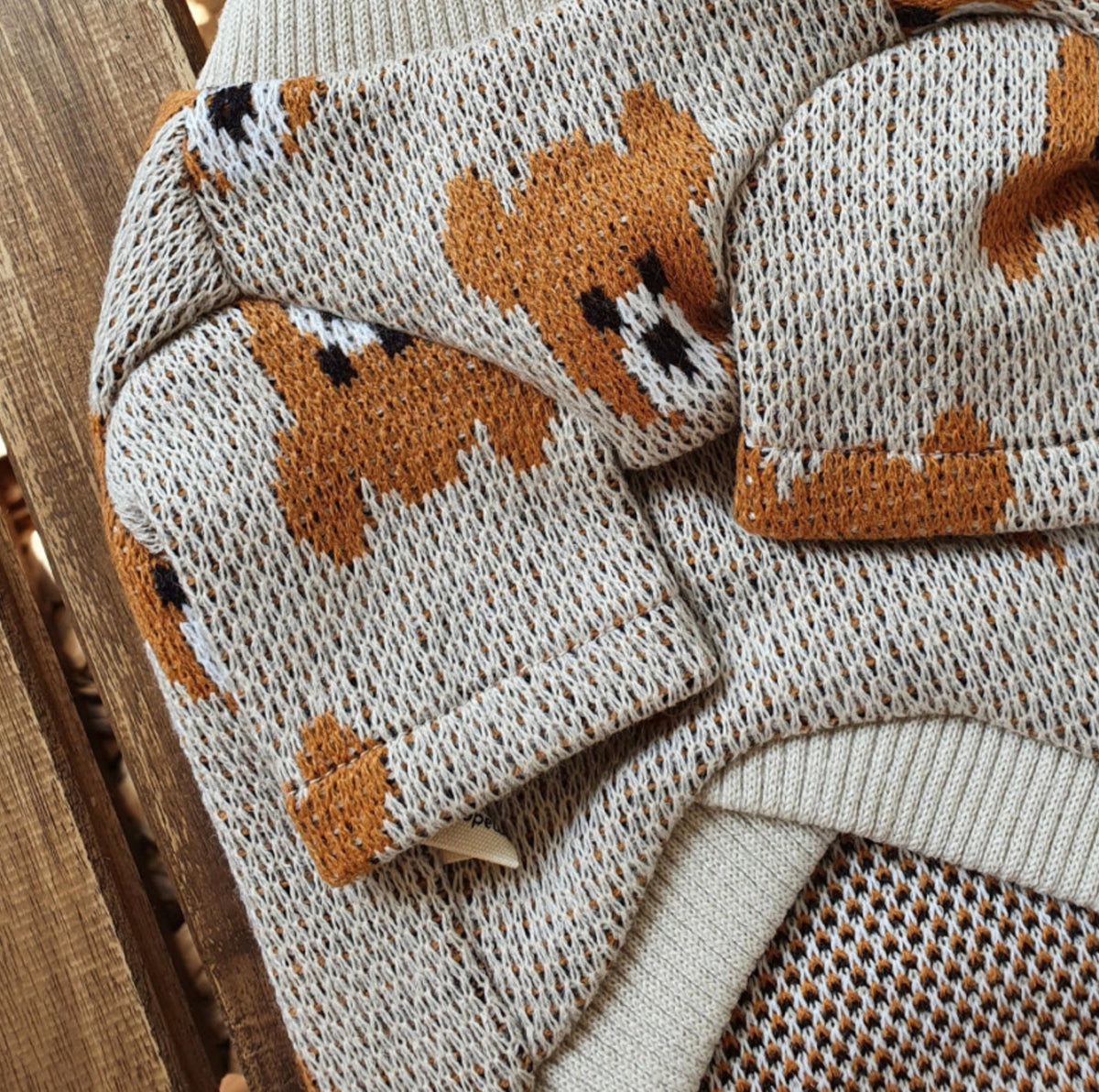 NKpup Bear Pixel Dog Knit Sweater in cream with brown bear pixel pattern