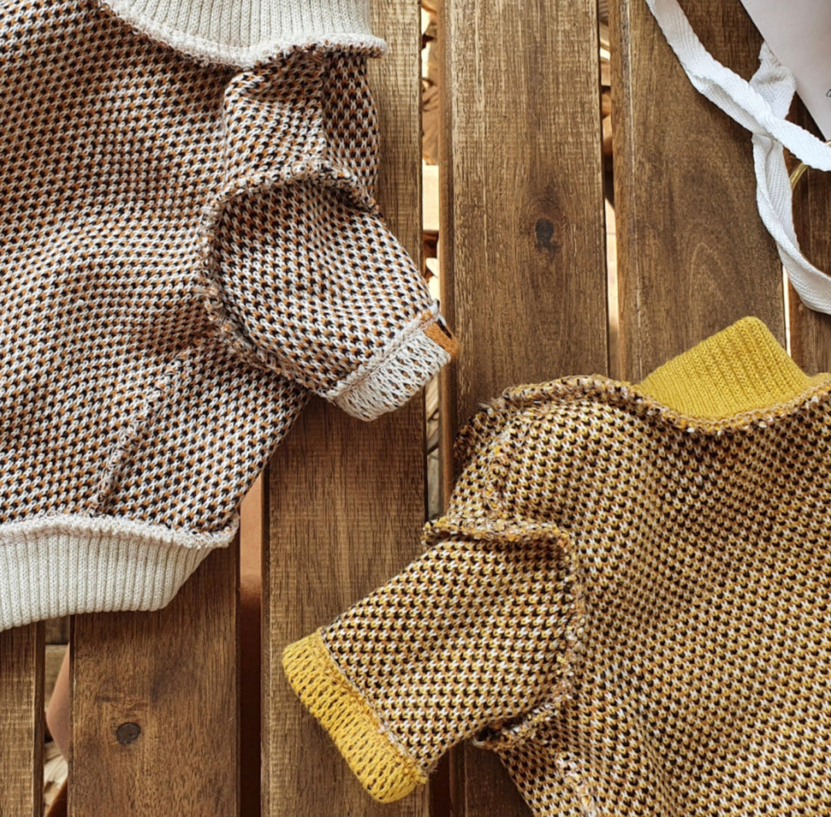 NKpup Bear Pixel dog knit sweaters in brown houndstooth pattern with cream and yellow ribbed trim.