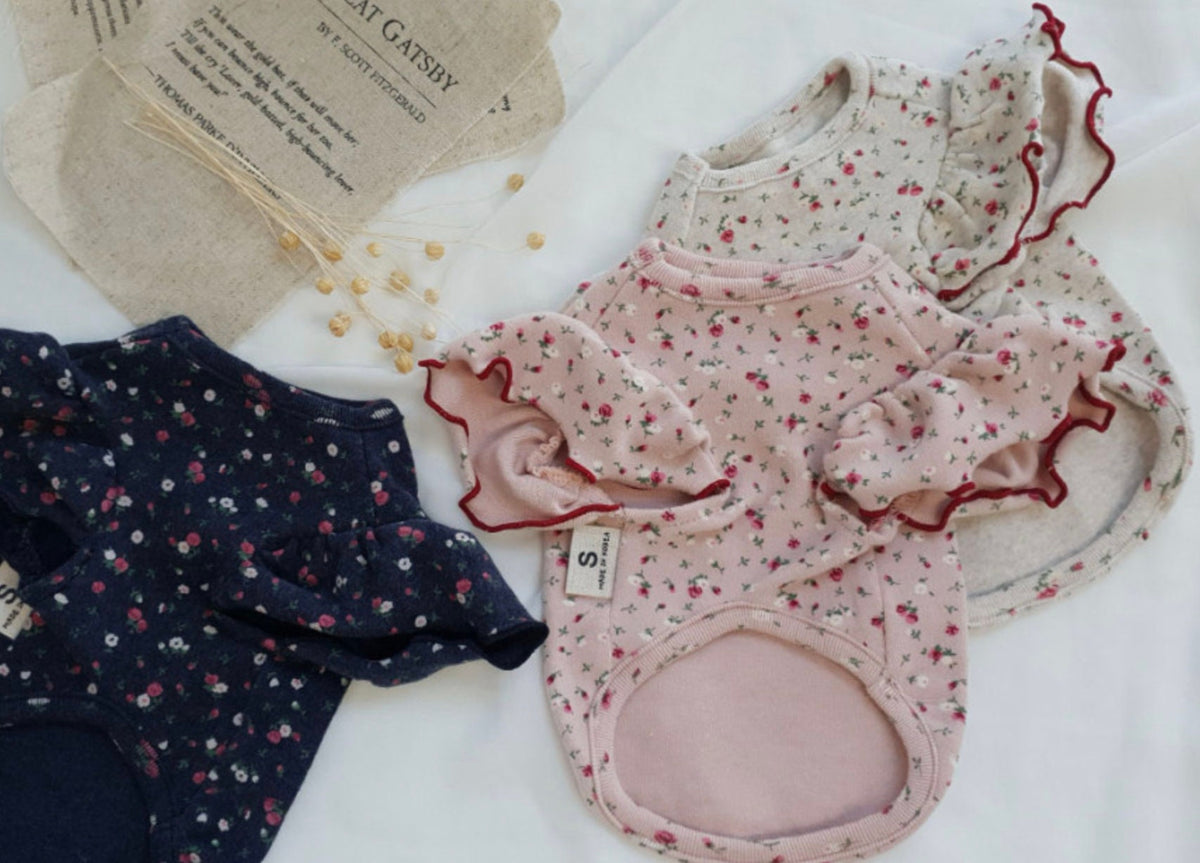 NKpup Frilled Floral Dog Shirts in navy, pink, and white with ruffled sleeves.