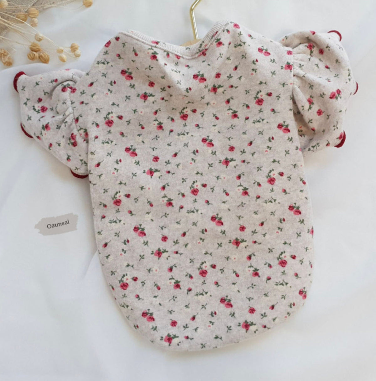 NKpup frilled floral dog shirt in oatmeal color with a red flower pattern