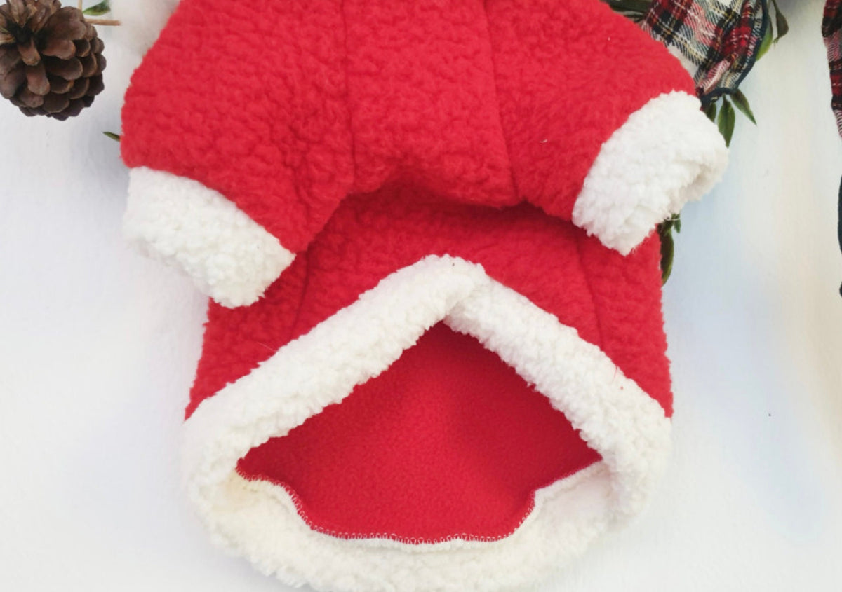 NKpup red reindeer fleece dog hoodie with white faux shearling trim