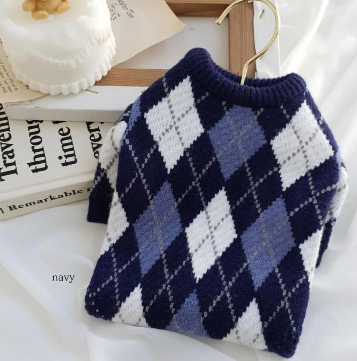 NKpup navy blue and white argyle knit dog sweater
