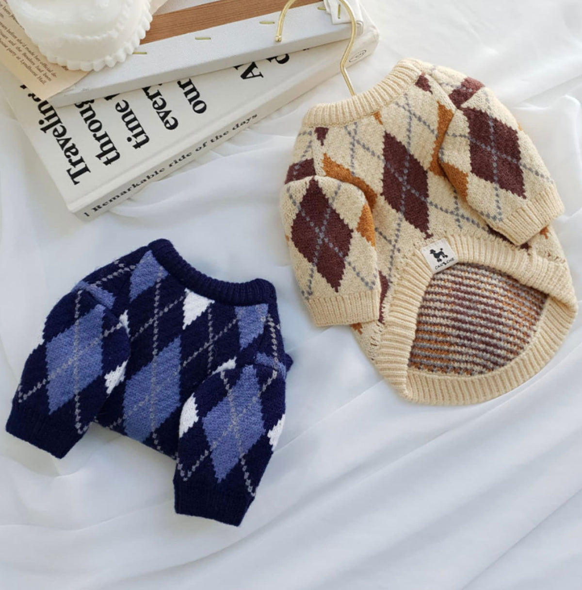NKpup Argyle knit dog sweaters in navy blue and beige patterns.