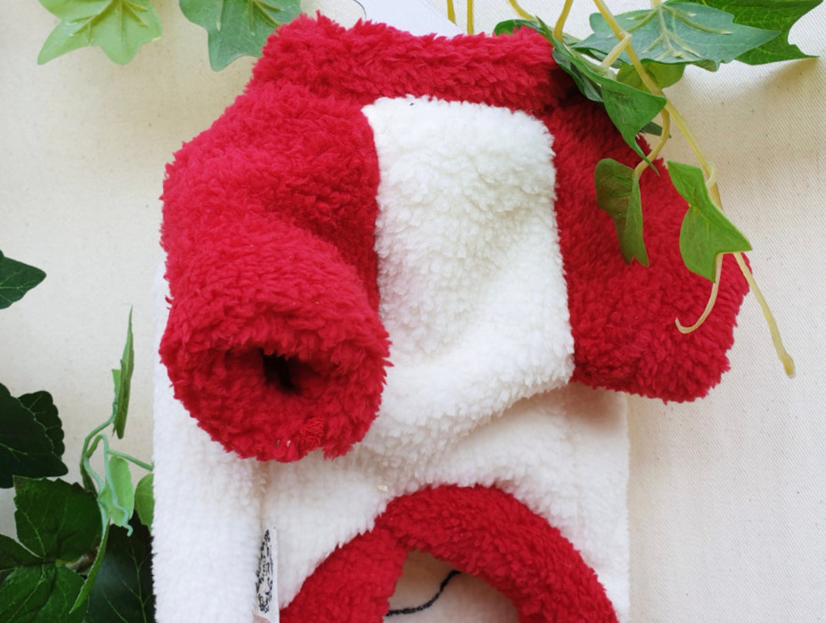 Red and white Santa face fleece dog shirt by NKpup