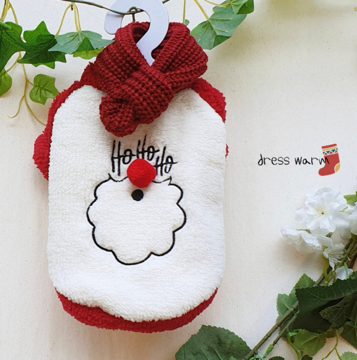NKpup Santa Face fleece dog shirt in red and white with Ho Ho Ho embroidery