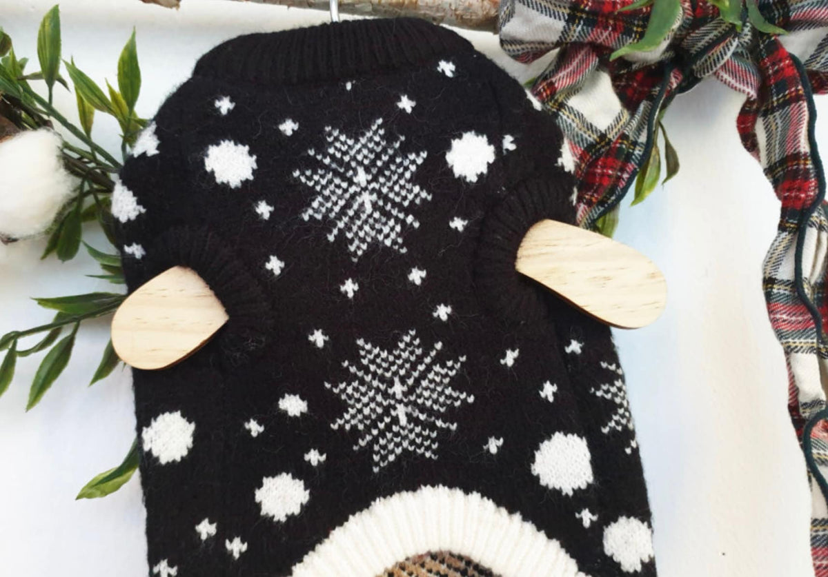 Rudolph Knit Dog Vest in black with white snowflake patterns