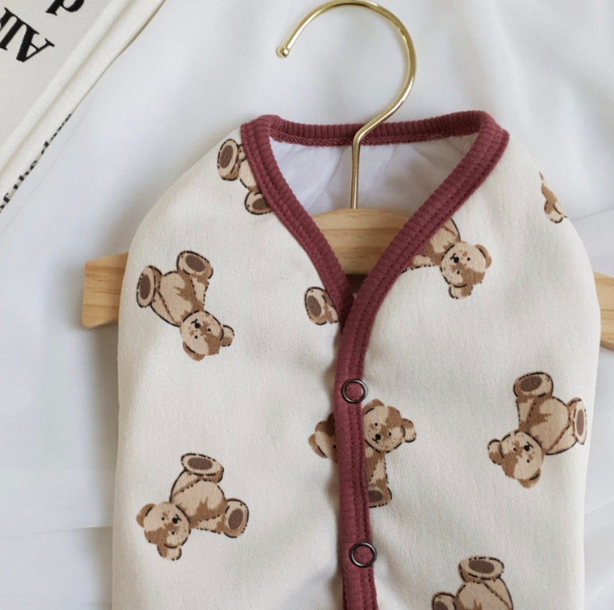 Teddy Bear Dog Vest in cream with brown bear pattern and maroon trim by NKpup