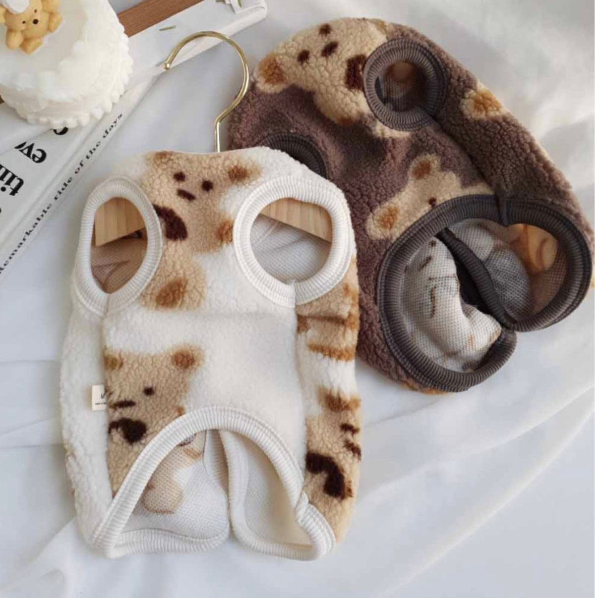 NKpup Bear Fleece Dog Vest in white and brown with cute bear patterns.