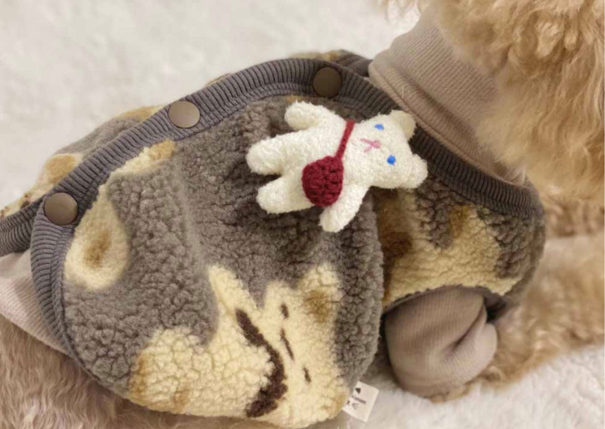 NKpup Bear Fleece Dog Vest in grey and cream with a decorative white bear applique