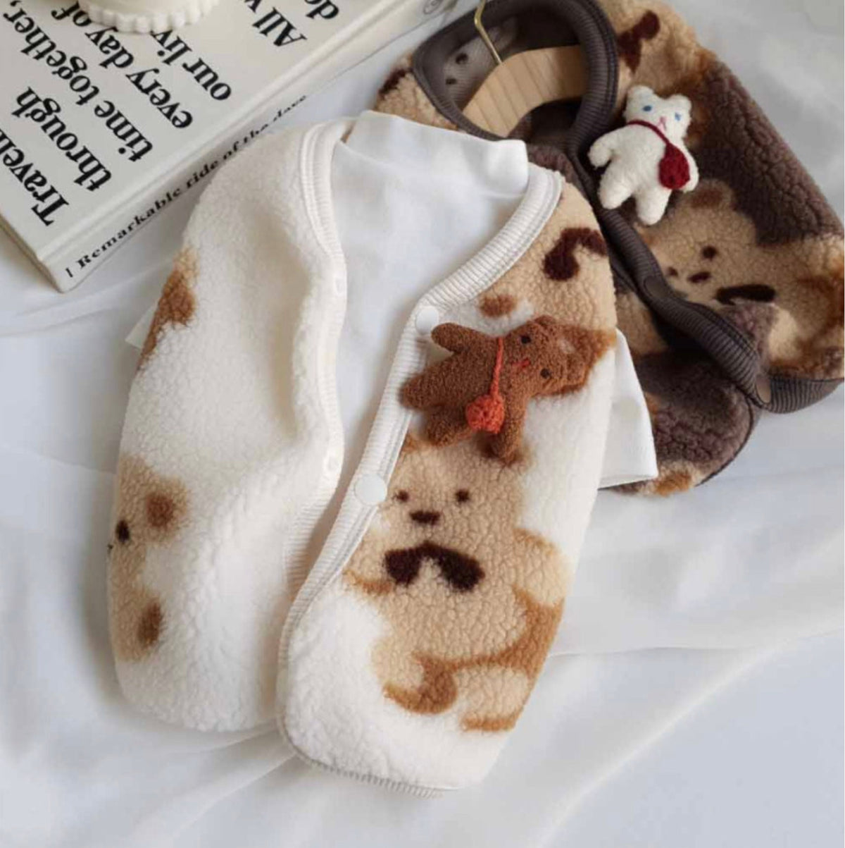 NKpup Bear Fleece Dog Vest in cream and brown with cute bear patterns and a bear applique