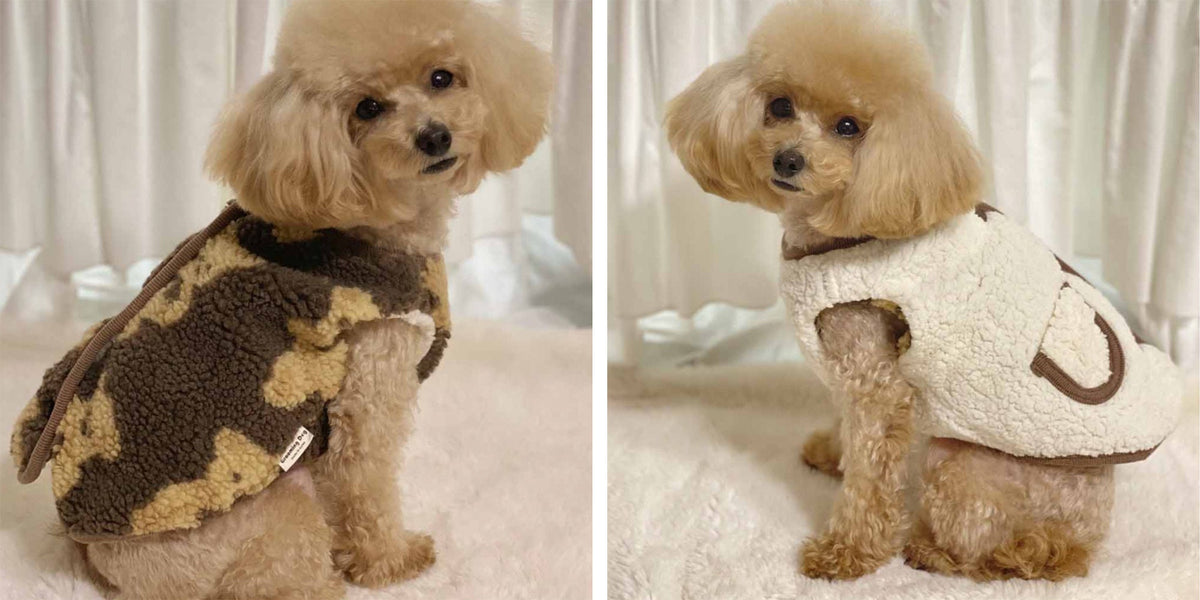 NKpup reversible bear fleece dog vest in brown and cream patterns