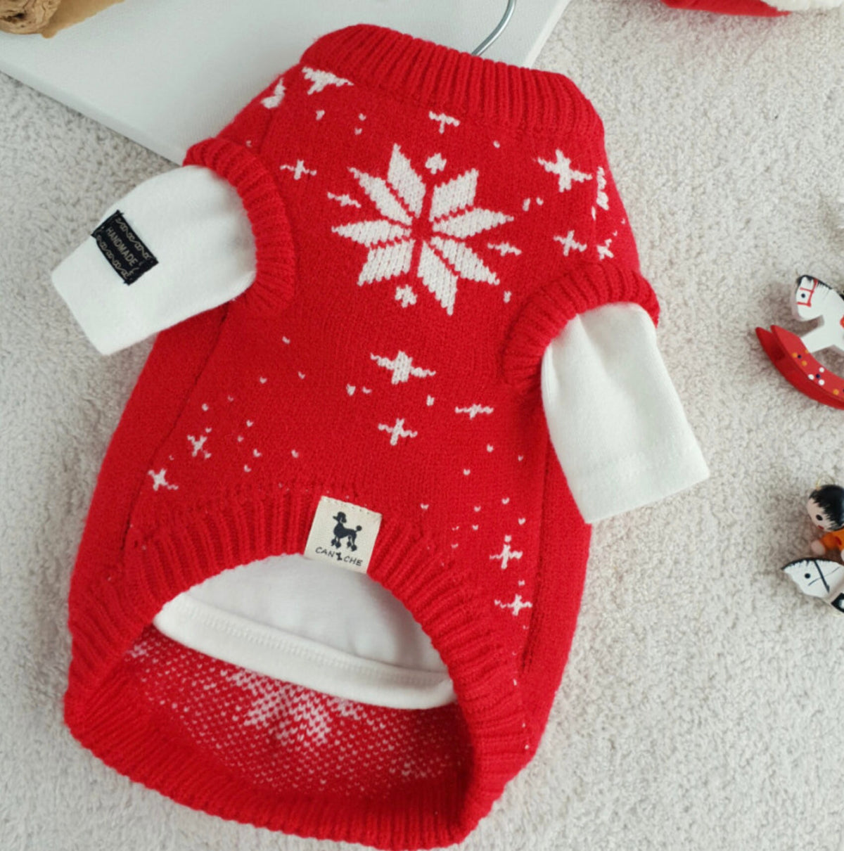 NKpup red Christmas tree knit dog vest with white snowflake pattern