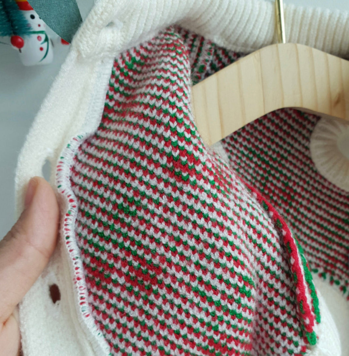 Christmas cherry knit dog cardigan with red and green pattern
