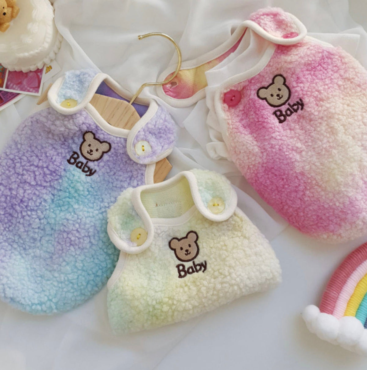 NKpup Aurora Boa Fleece Dog Vests in pastel tie-dye colors with bear embroidery