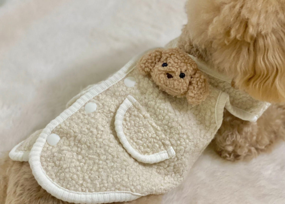 NKpup Bear Fleece Dog Vest in cream with a cute plush bear applique and pocket detail