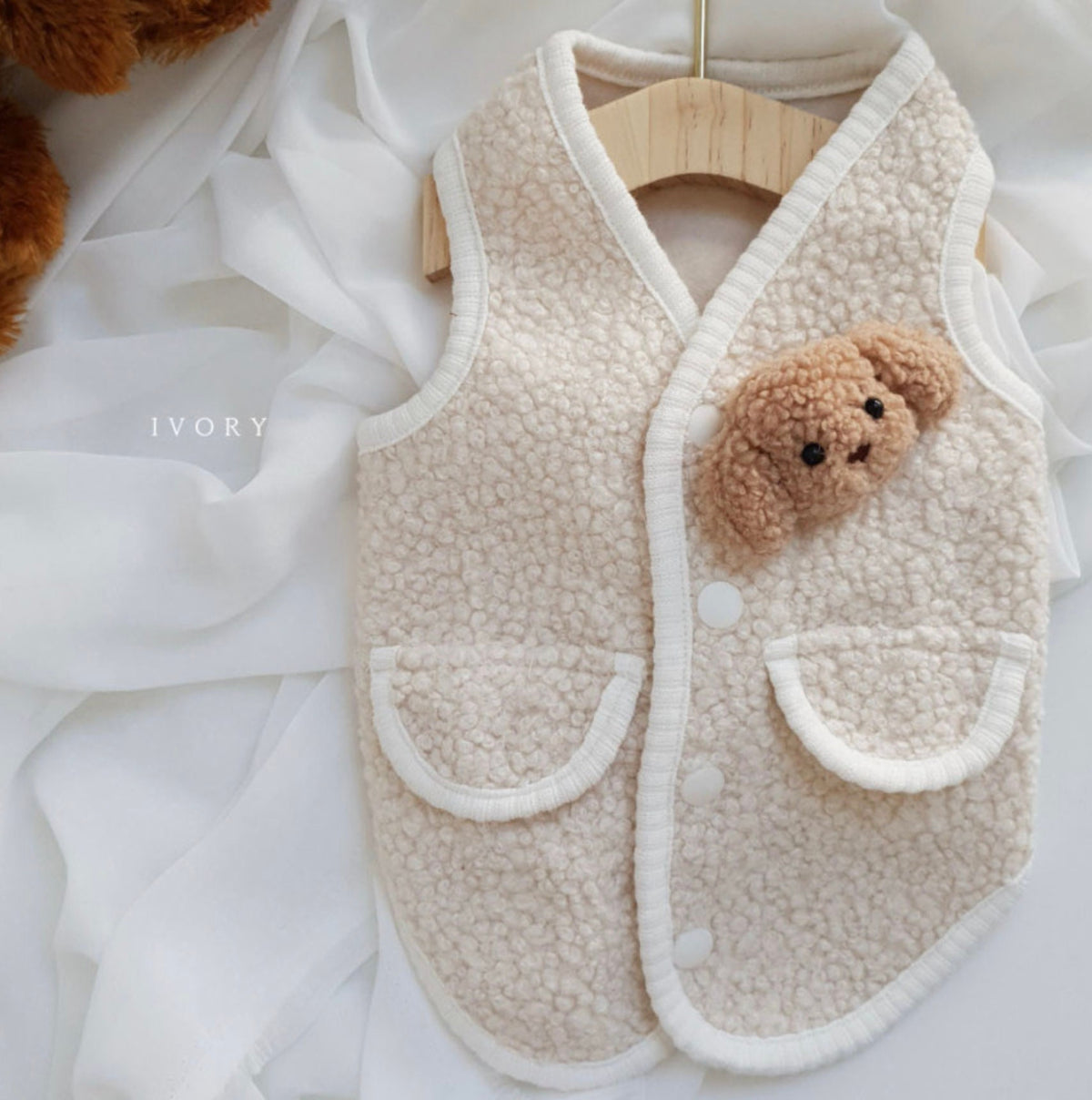 Ivory Bear Fleece Dog Vest with cute bear head detail and front pockets