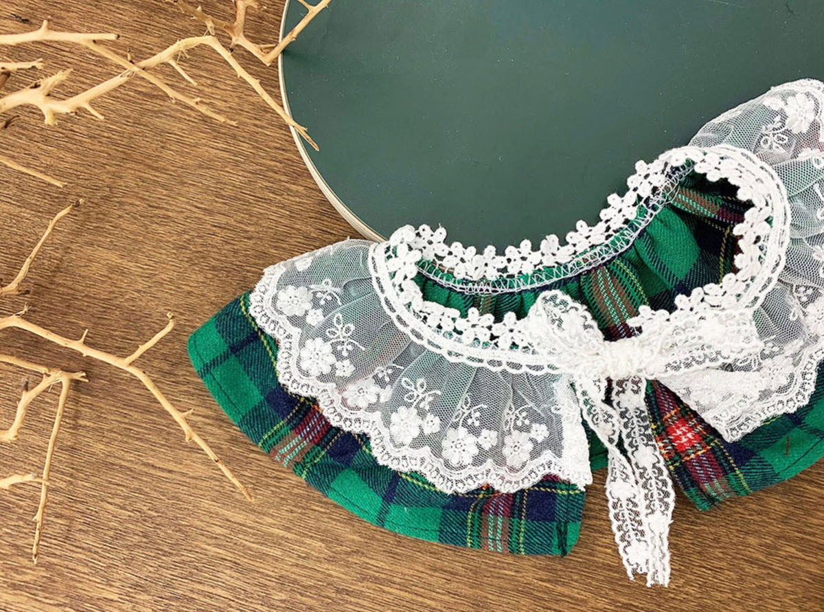 Christmas plaid dog cape with white lace trim and floral embroidery
