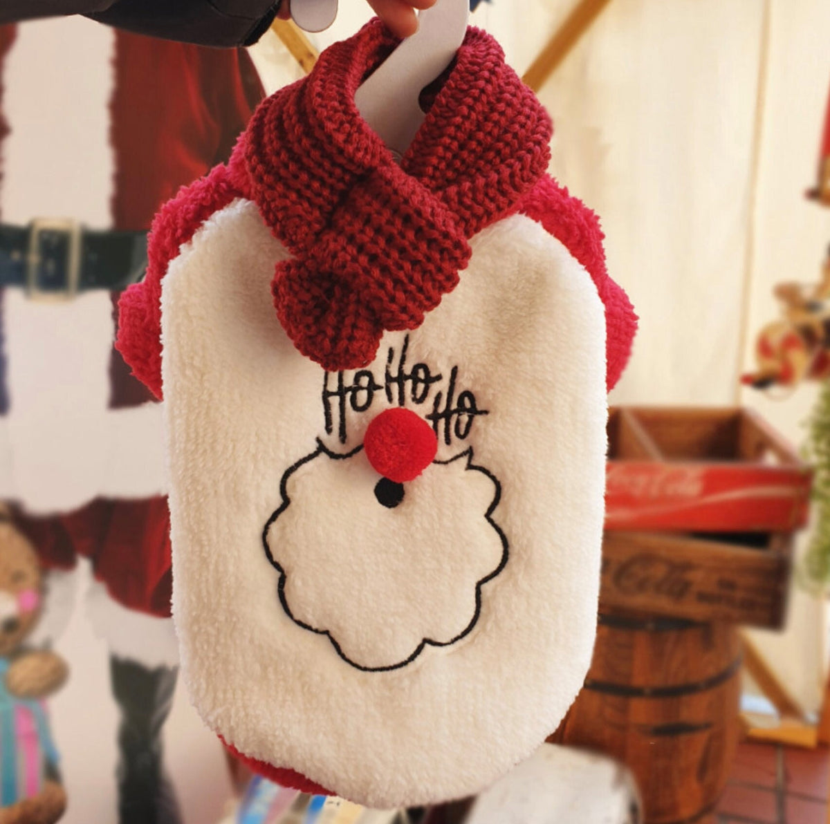 NKpup Santa Face fleece dog shirt in red and white with Ho Ho Ho embroidery.