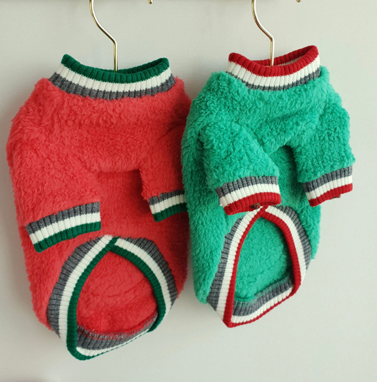 Rudolph Fleece Dog Sweatshirt in red and green with striped trim by NKpup