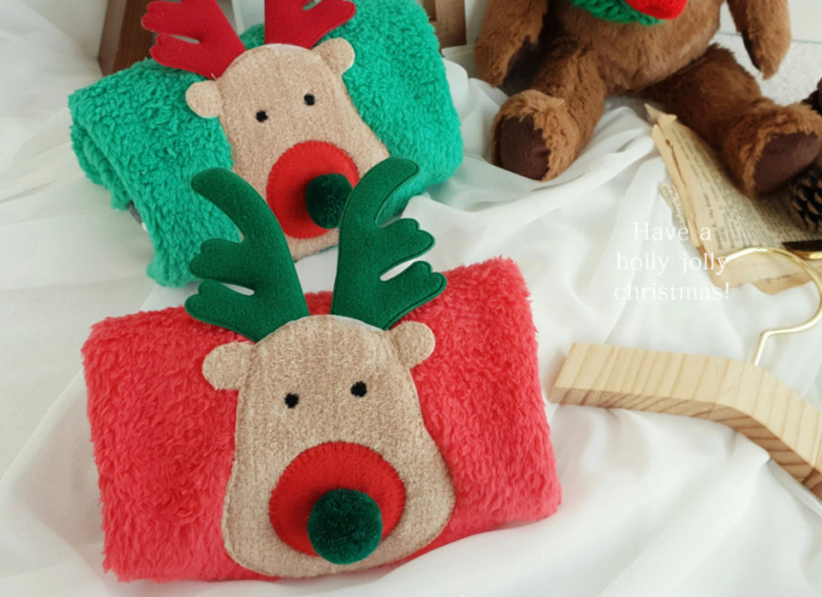 Rudolph fleece dog sweatshirts in red and green with reindeer face designs by NKpup