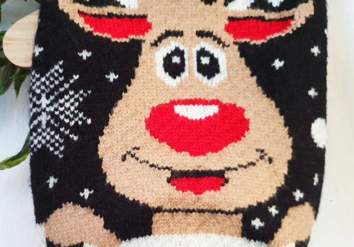 Rudolph knit dog vest featuring a red nose and snowflake pattern