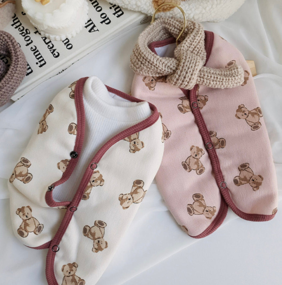 NKpup Teddy Bear Dog Vest in cream and pink with teddy bear patterns and a knitted scarf.
