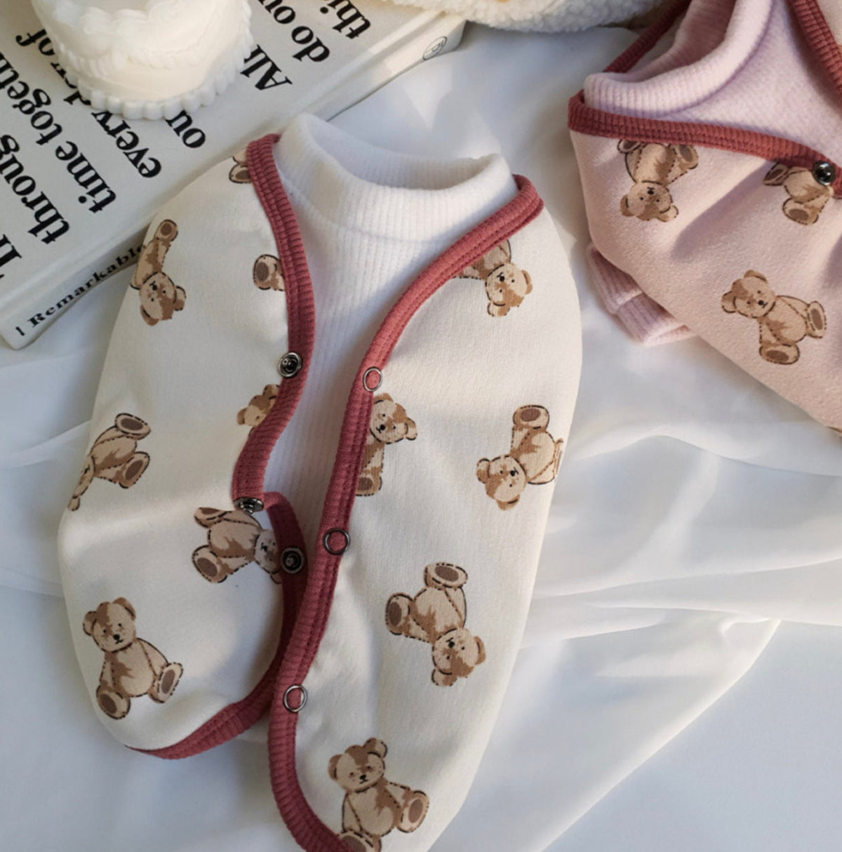 White teddy bear print dog vest with pink trim