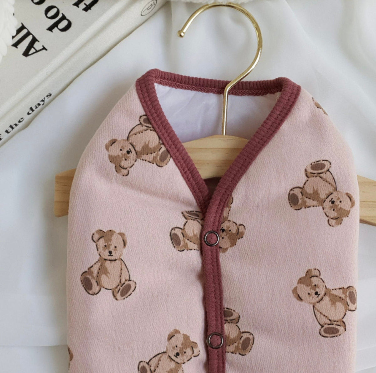 Pink teddy bear pattern dog vest with burgundy trim