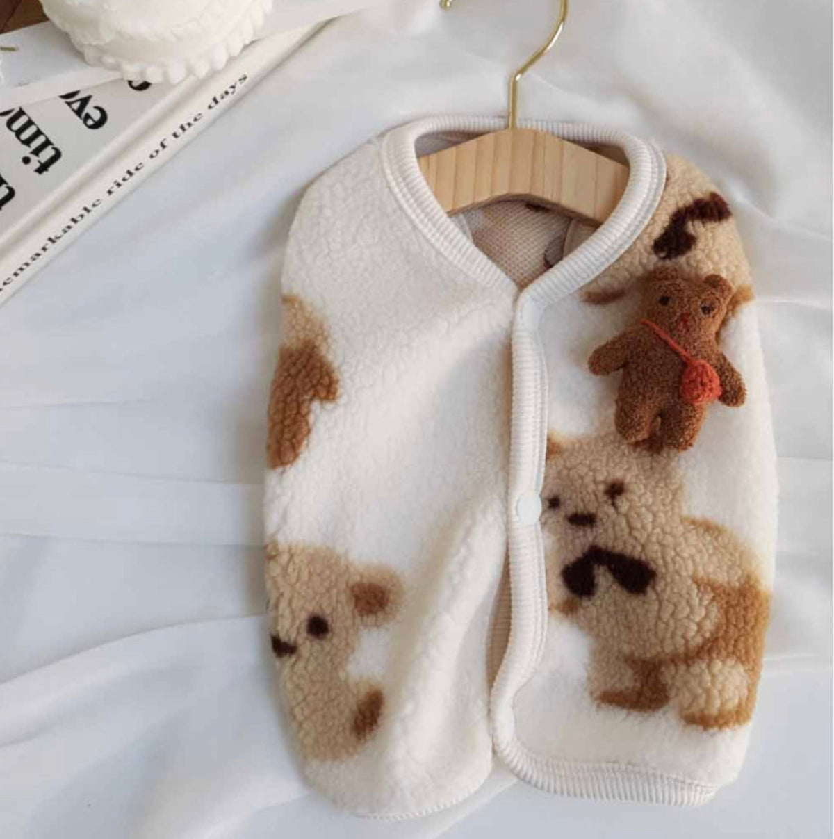 NKpup Bear Fleece Dog Vest in white with brown teddy bear patterns