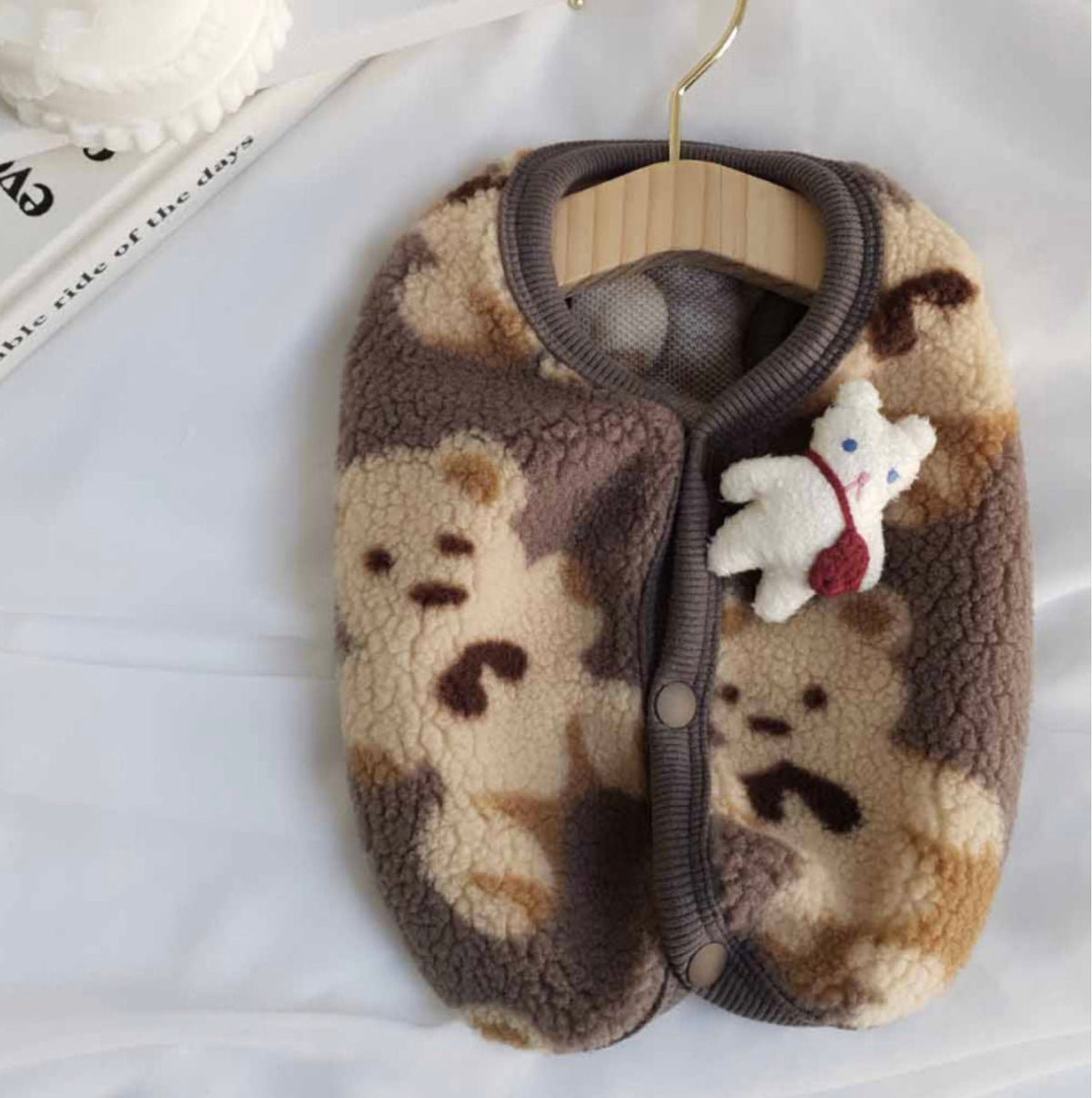 NKpup Bear Fleece Dog Vest in brown and beige with a small white plush bear accent