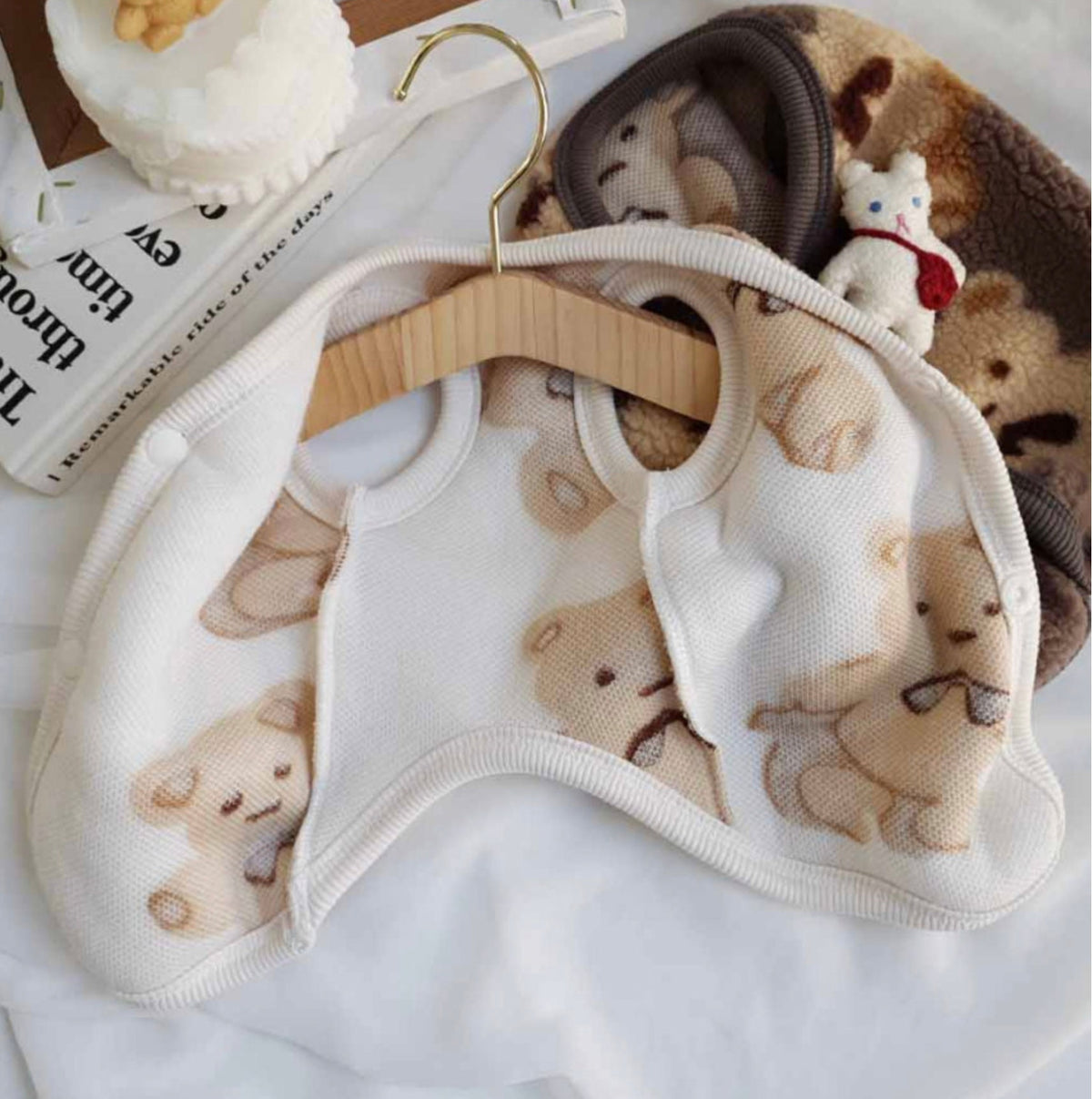 NKpup white fleece dog vest with a cute teddy bear pattern
