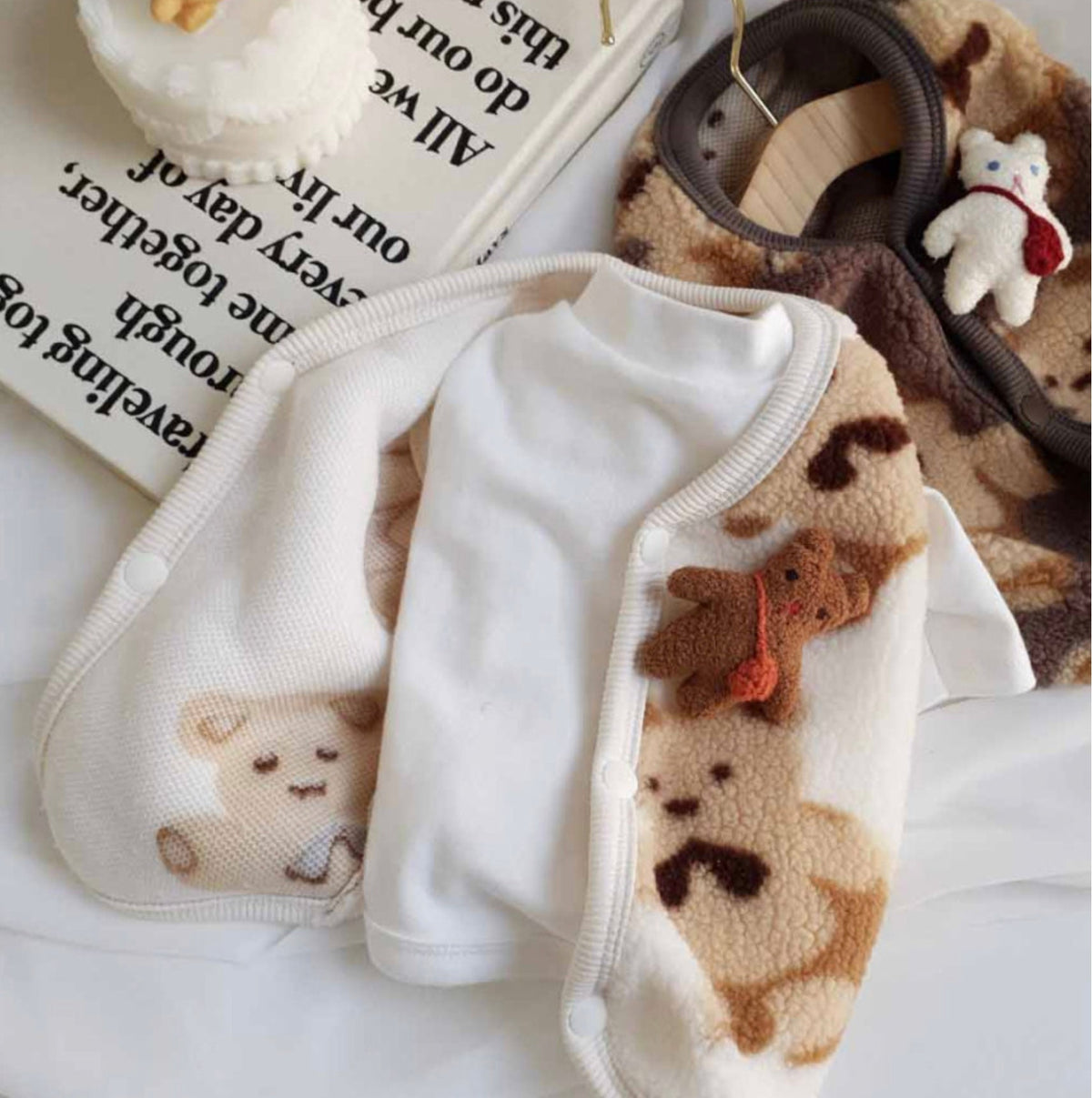 NKpup white and beige Bear Fleece Dog Vest with cute bear patterns and a small bear charm