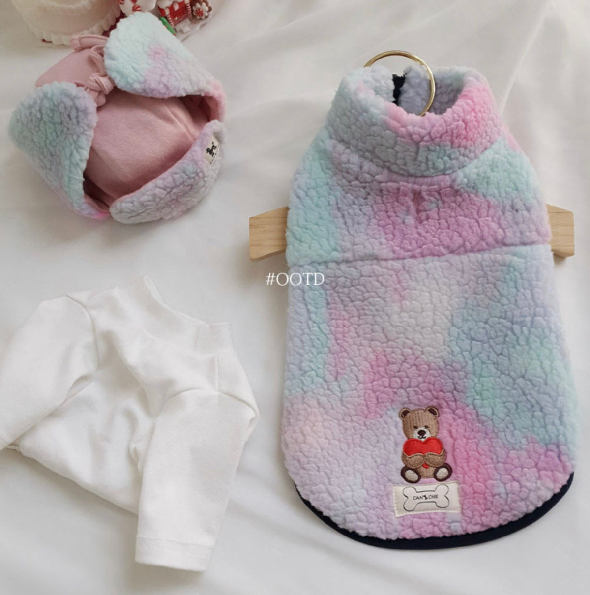 NKpup Bear Fleece Dog Vest in a pastel pink, blue, and purple tie-dye pattern with a bear embroidery.