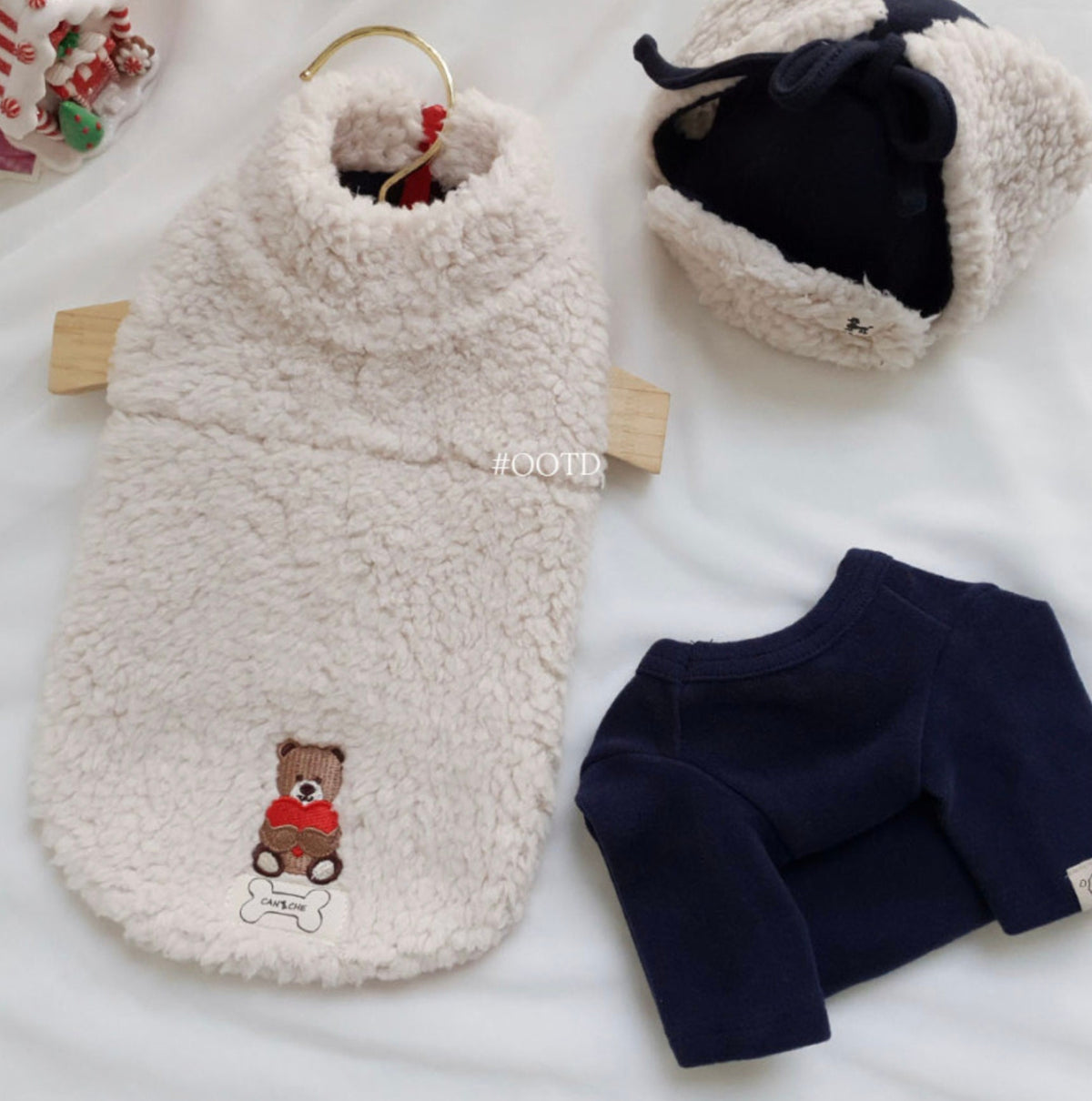 Cream Bear Fleece Dog Vest with bear embroidery and navy blue dog shirt