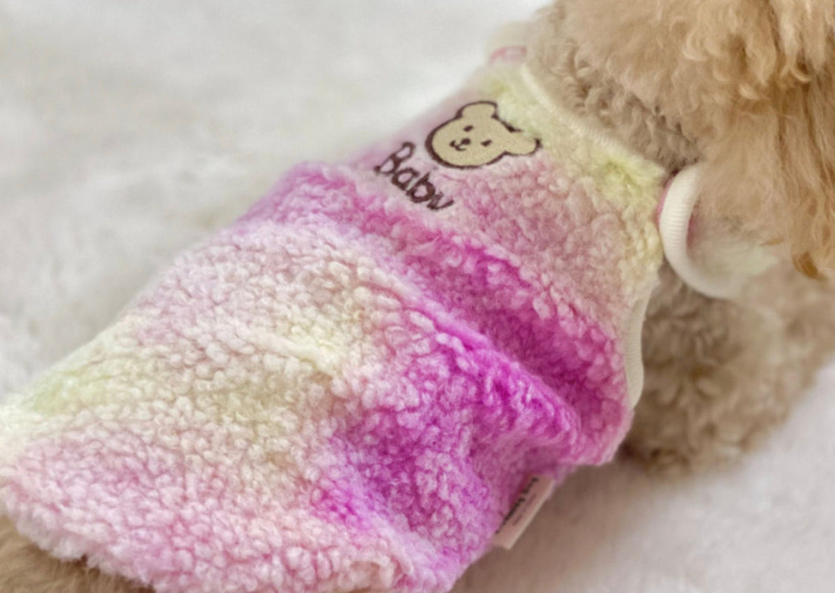 NKpup Aurora Boa Fleece Dog Vest in a pink and yellow gradient with a cute bear embroidery.