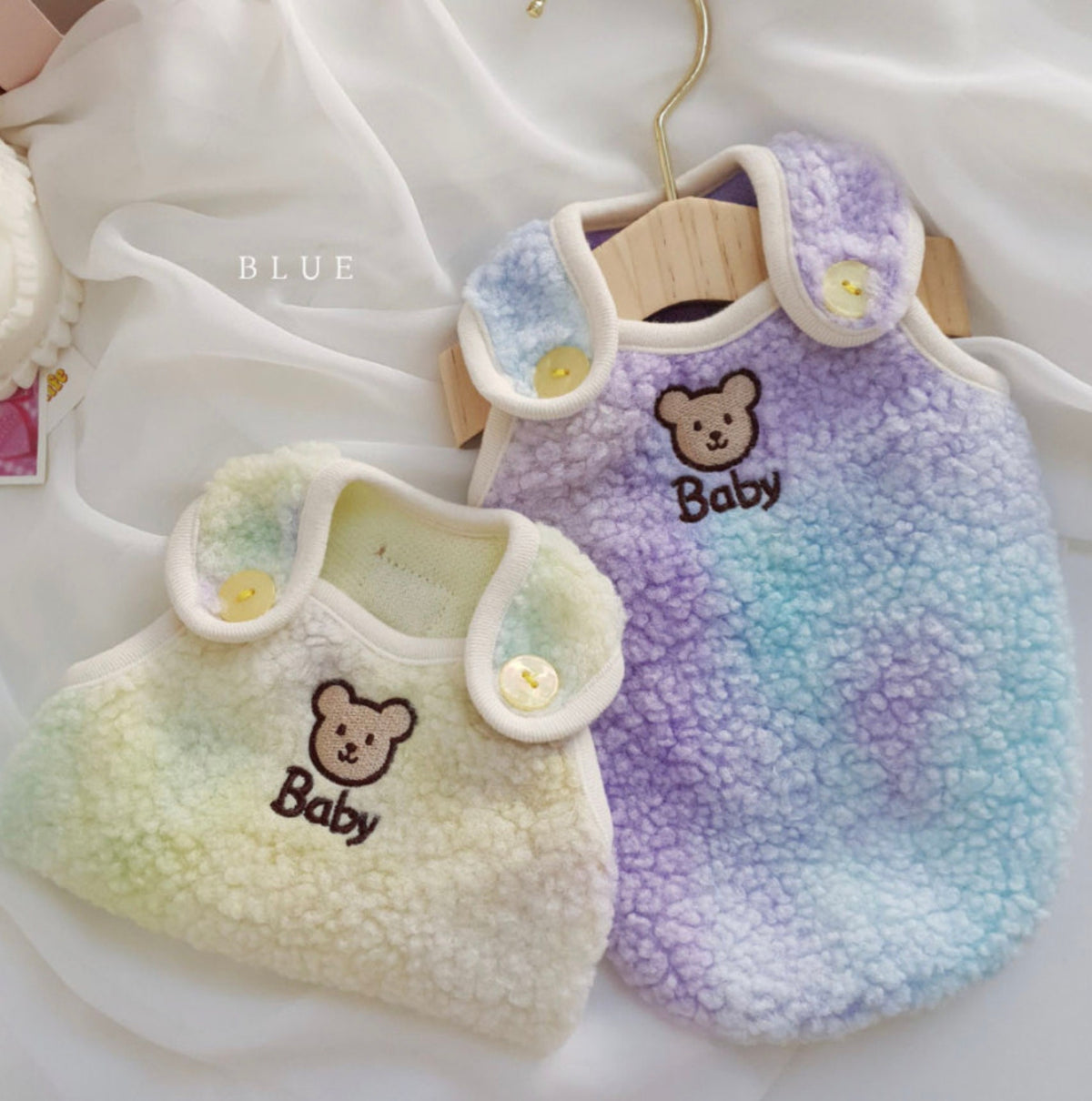 NKpup Aurora Boa Fleece Dog Vests in pastel blue-purple and green-yellow with bear embroidery